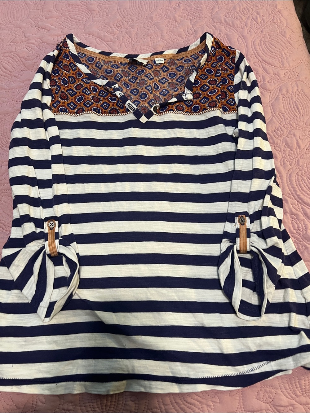 Anthropology postmark Striped Navy and White Women’s Long Sleeve Top with Print
